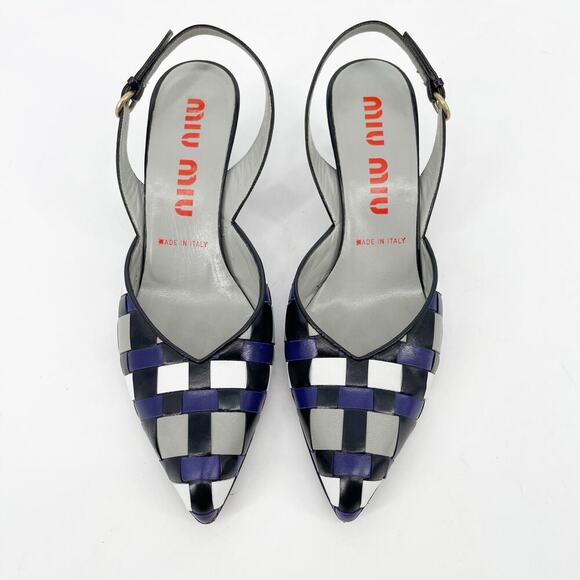 Miu Miu Vintage Black White Purple Woven Leather Slingback Kitten Heel IT 38.5 - Picture 5 of 10